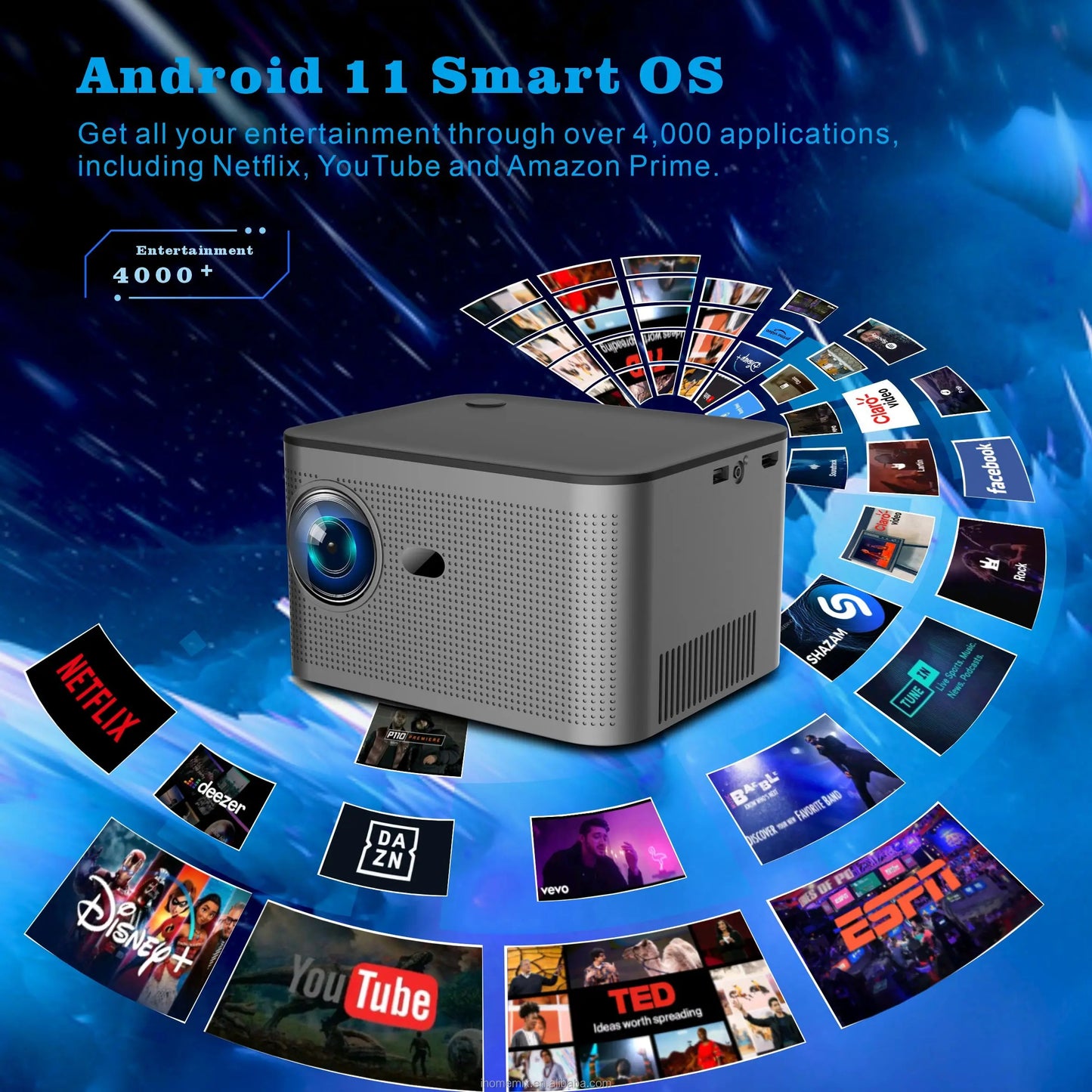 HY350 Projector 580ANSI Android11 4K 1920*1080P Dual Wifi6 Voice Control Allwinner H713 Electronic Focus BT5.0 Home Office Cinema Projector